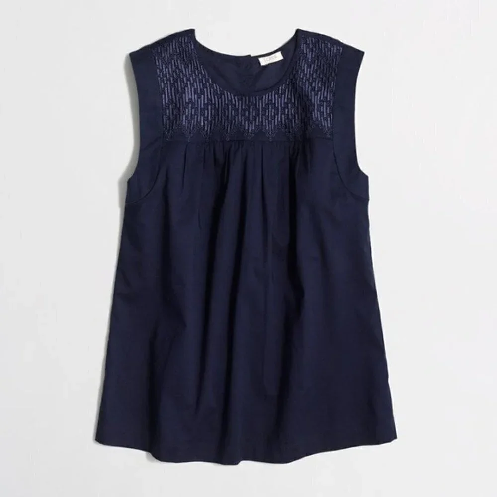 J. Crew Womens Navy Blue Sleeveless Embroidered Yolk Boxy Blouse Size 4