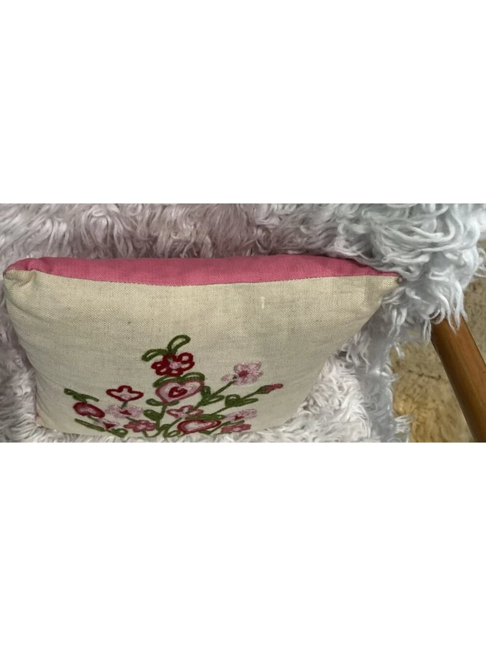 Vintage 11x11” Pink Green Canvas Cross Stitch Flower Heart Throw Pillow 70s