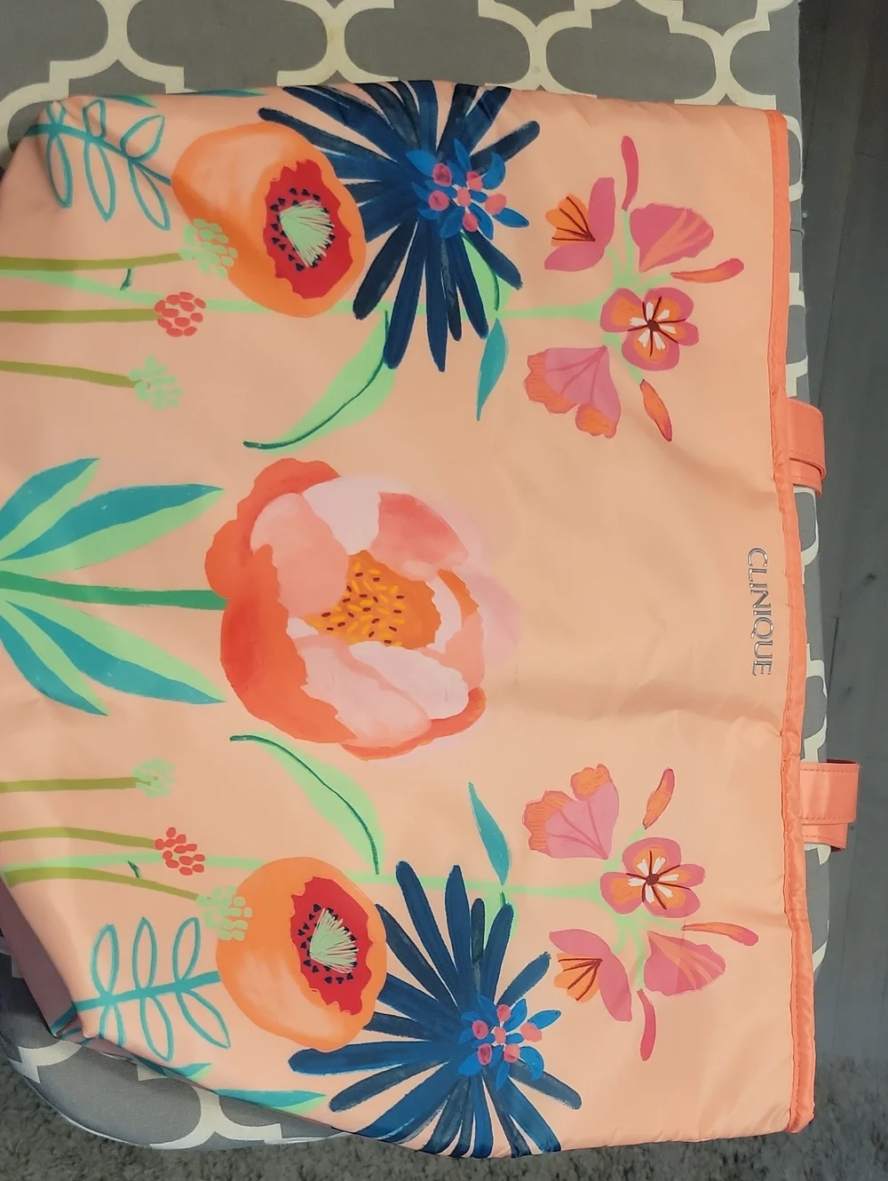 Clinique Multicolor Floral Tote with Red Straps