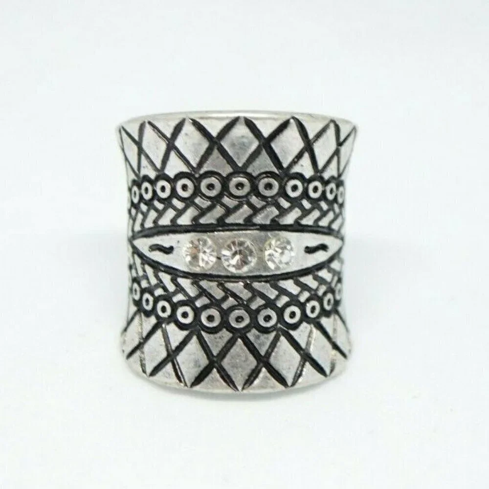 Clear Rhinestone Silver Tone Embossed Full Knuckle