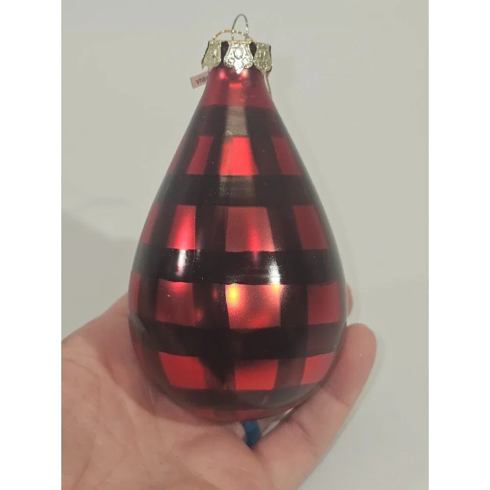 VINTAGE‎ Blown Glass Christmas Ornament Holiday Decor Tear Drop Plaid Checked 5