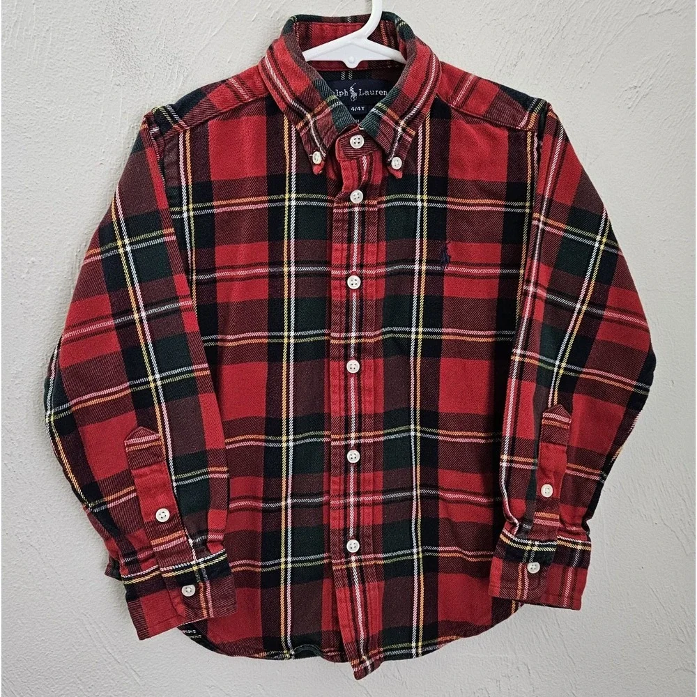 Ralph Lauren Toddler Boys Red Green Plaid Long Sleeve Shirt Size 4T Pony Logo