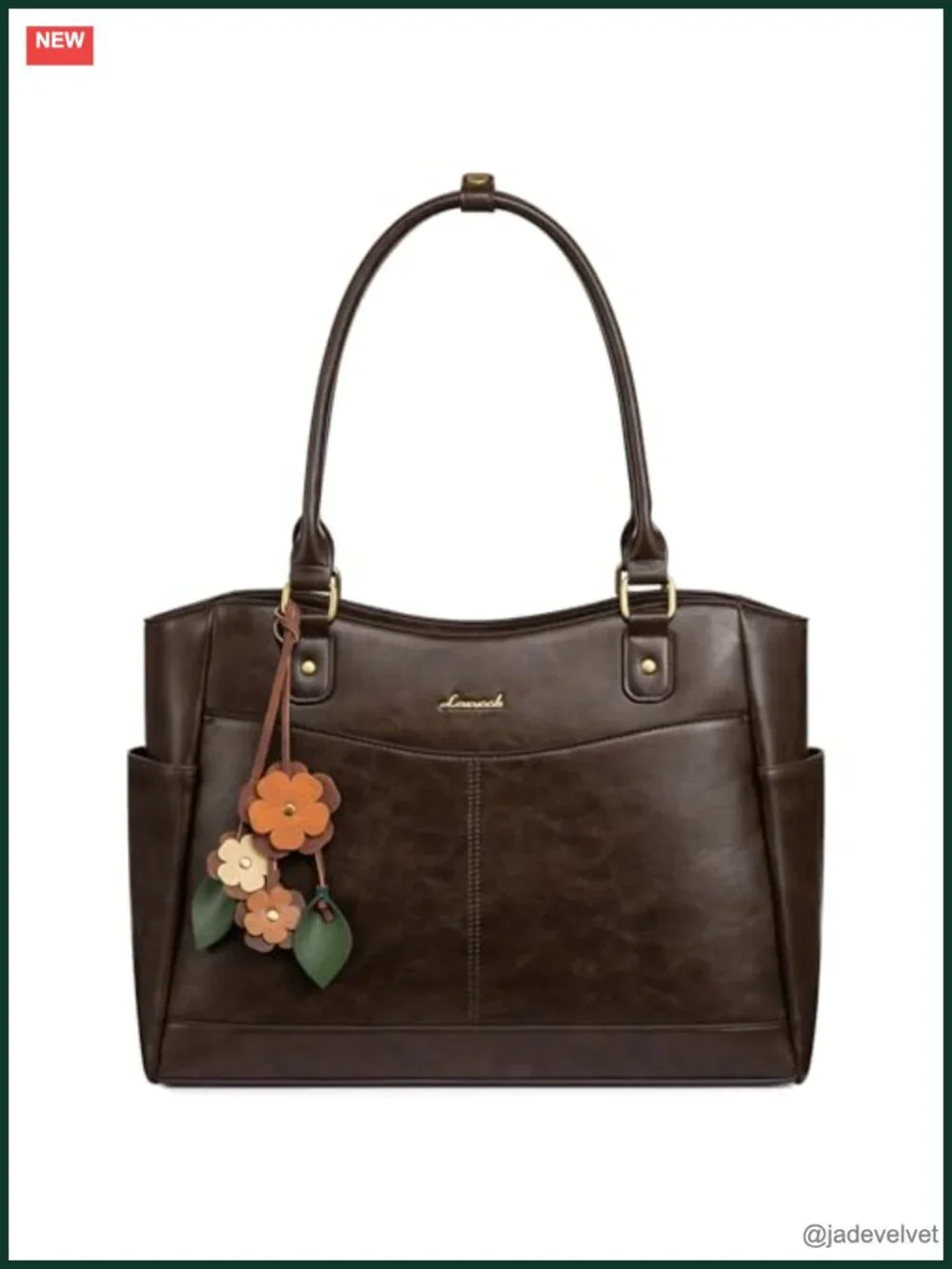 Vintage Laptop Tote Bag with Flower Pendant, Faux Leather Work Bag for Women