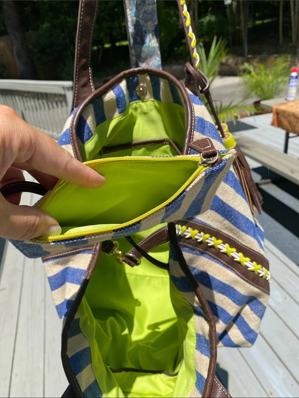 Steven By Steve Madden Blue and Cream Striped Tote with Brown Trim