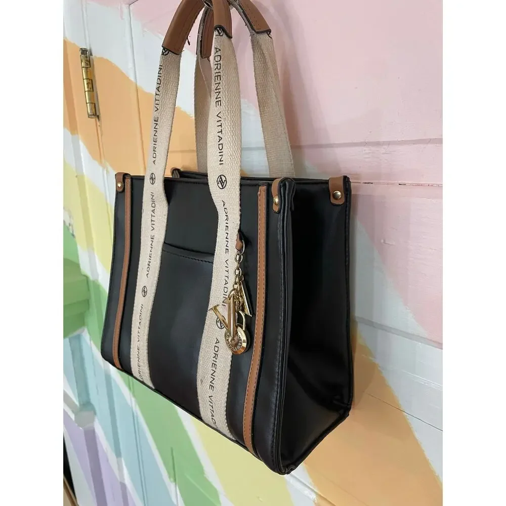 Adrienne Vittadini Montauk Tote Black Logo Strap Purse AV Charm