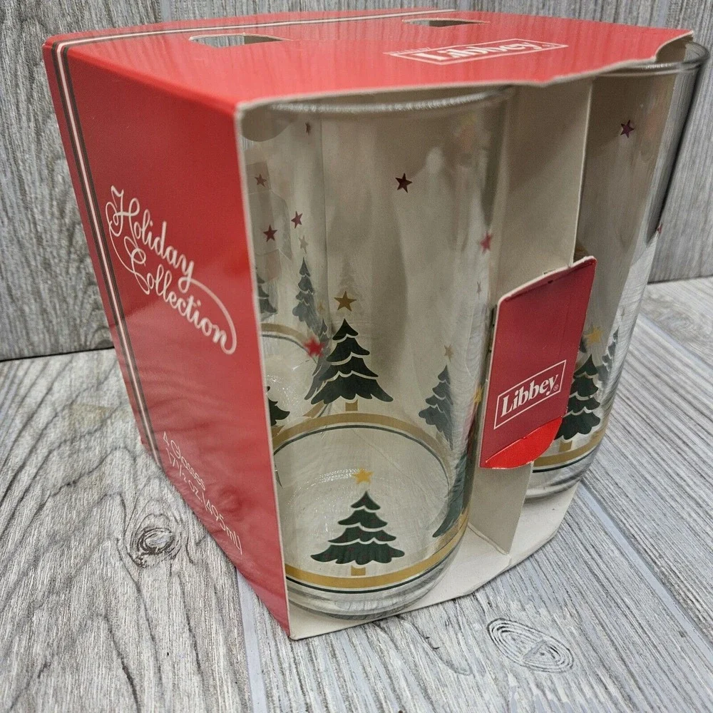 4pc Libbey Holiday Christmas Woods Tree Star Glasses Tumblers Tall‎ USA NOS