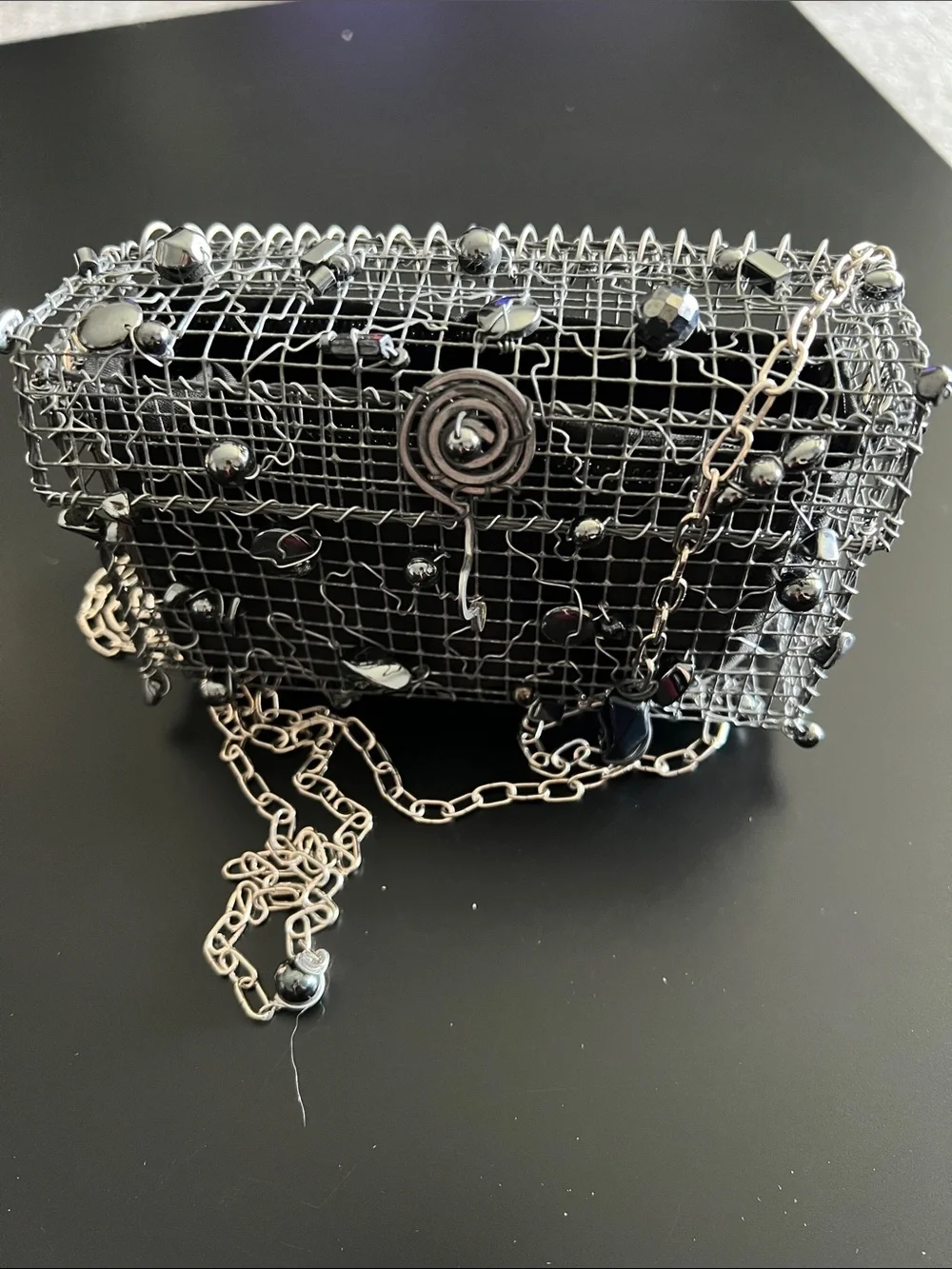 Black Beaded Wire Cage Evening Crossbody