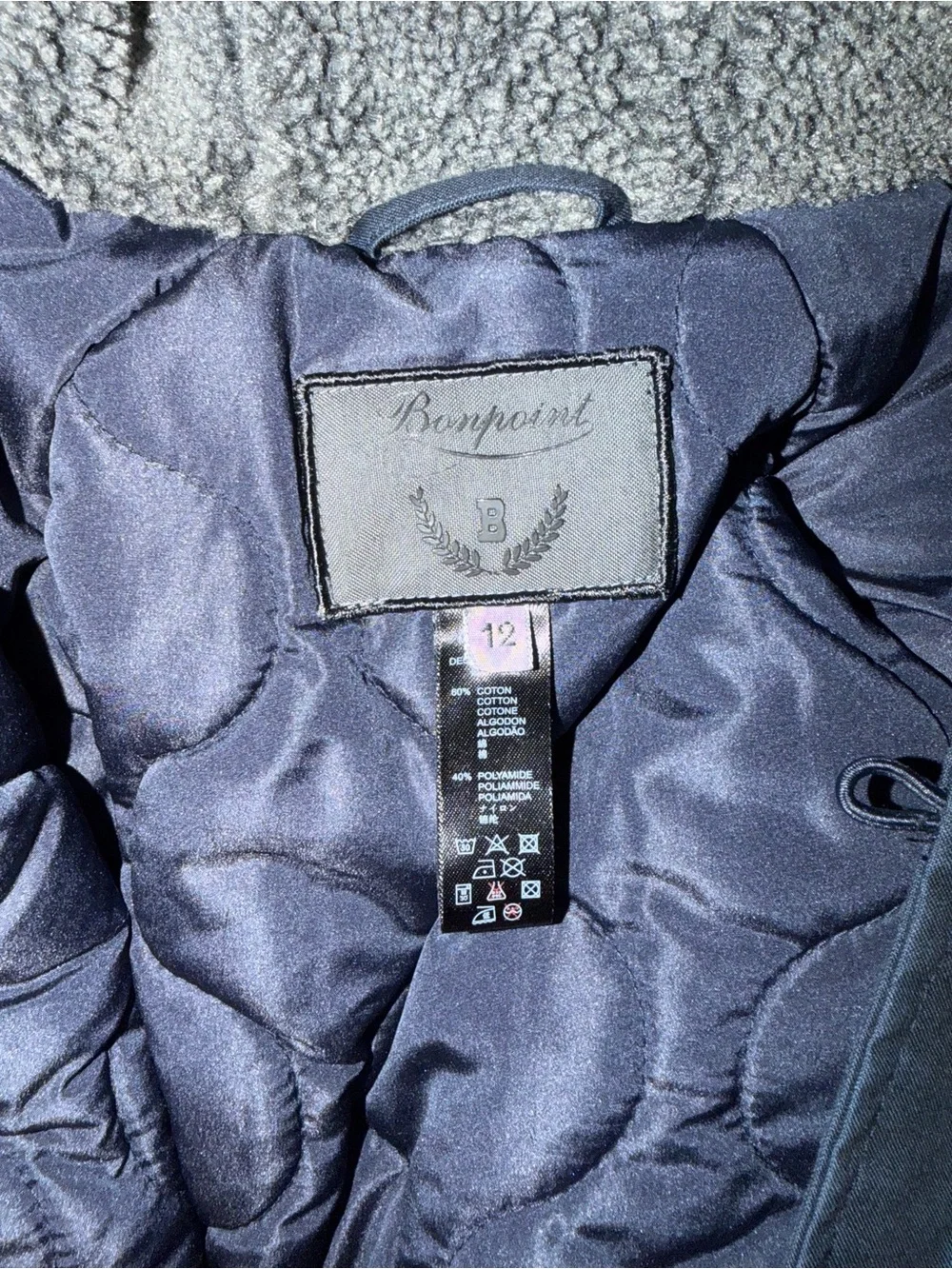 Bonpoint Quilted Navy Blue Jacket with Sherpa Trim