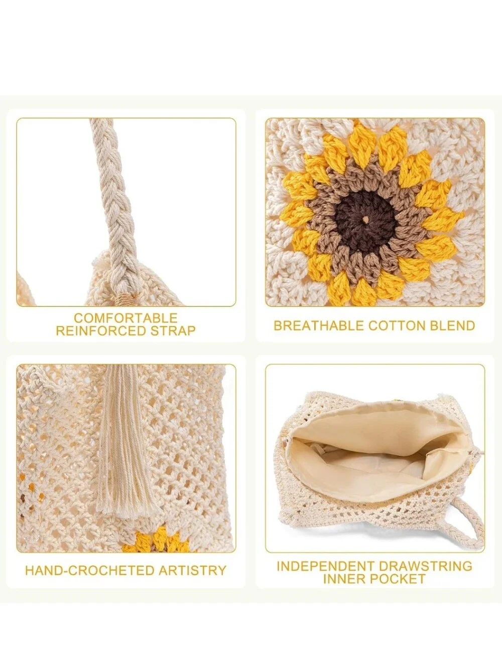 Cream Crochet Sunflower Tote Bag with Tassel Straps