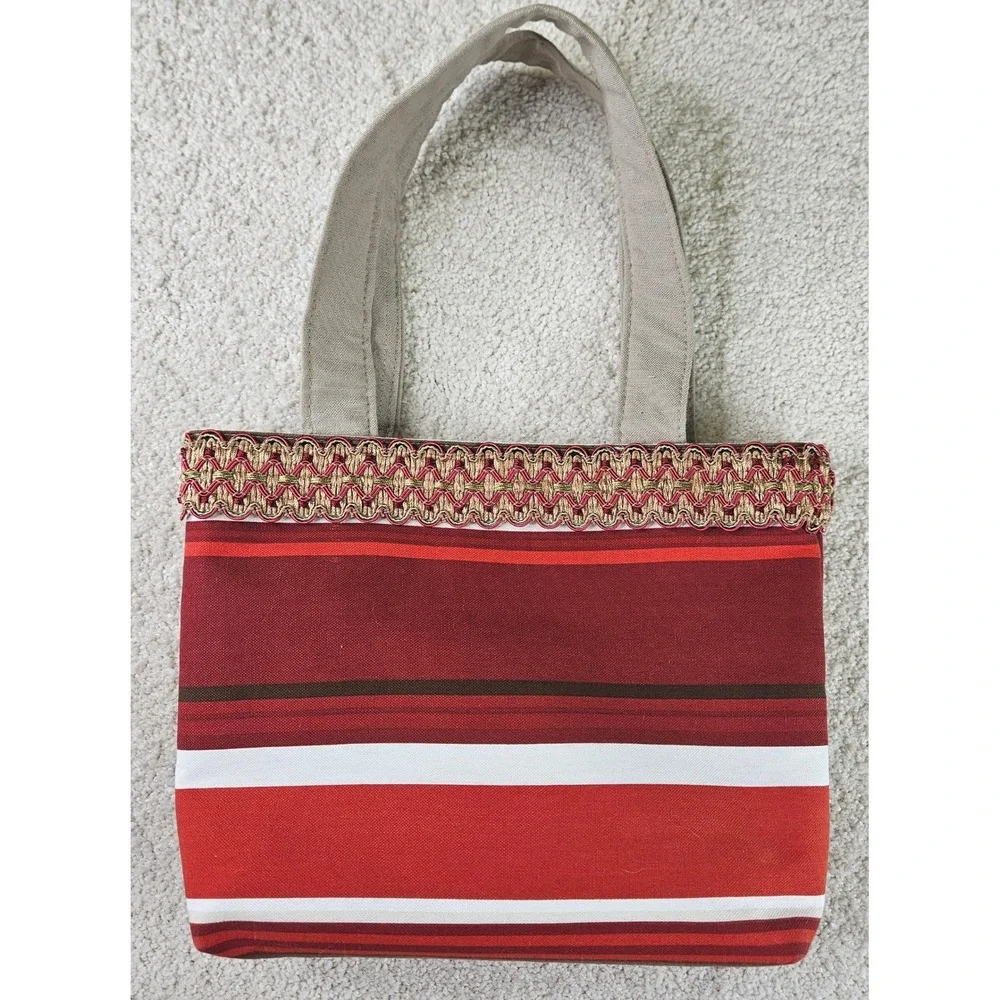 OOAK Handmade Striped Tote Bag Red‎ White Brown Gold Trim Snap Closure Purse
