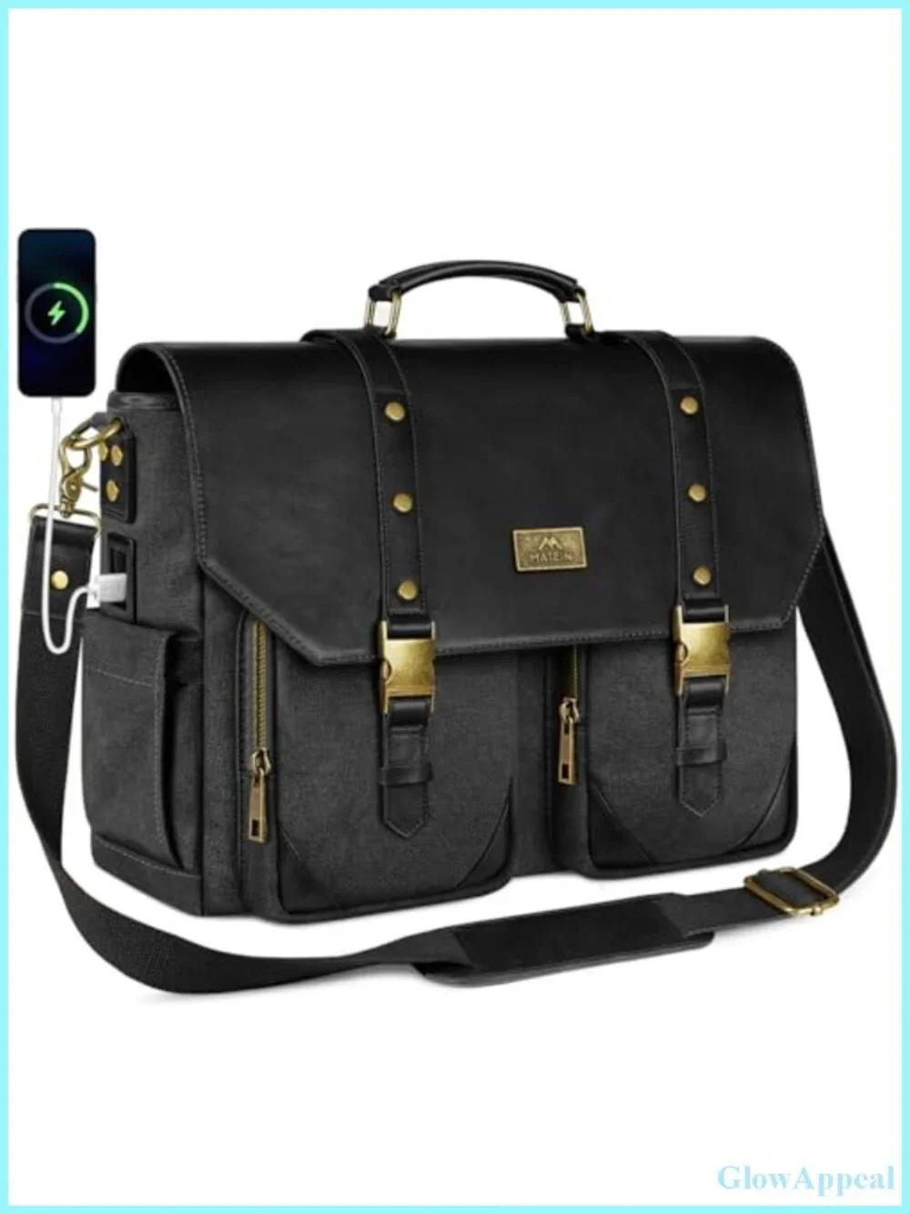 Vintage Messenger Bag with USB Port, Large Canvas PU Laptop Bag