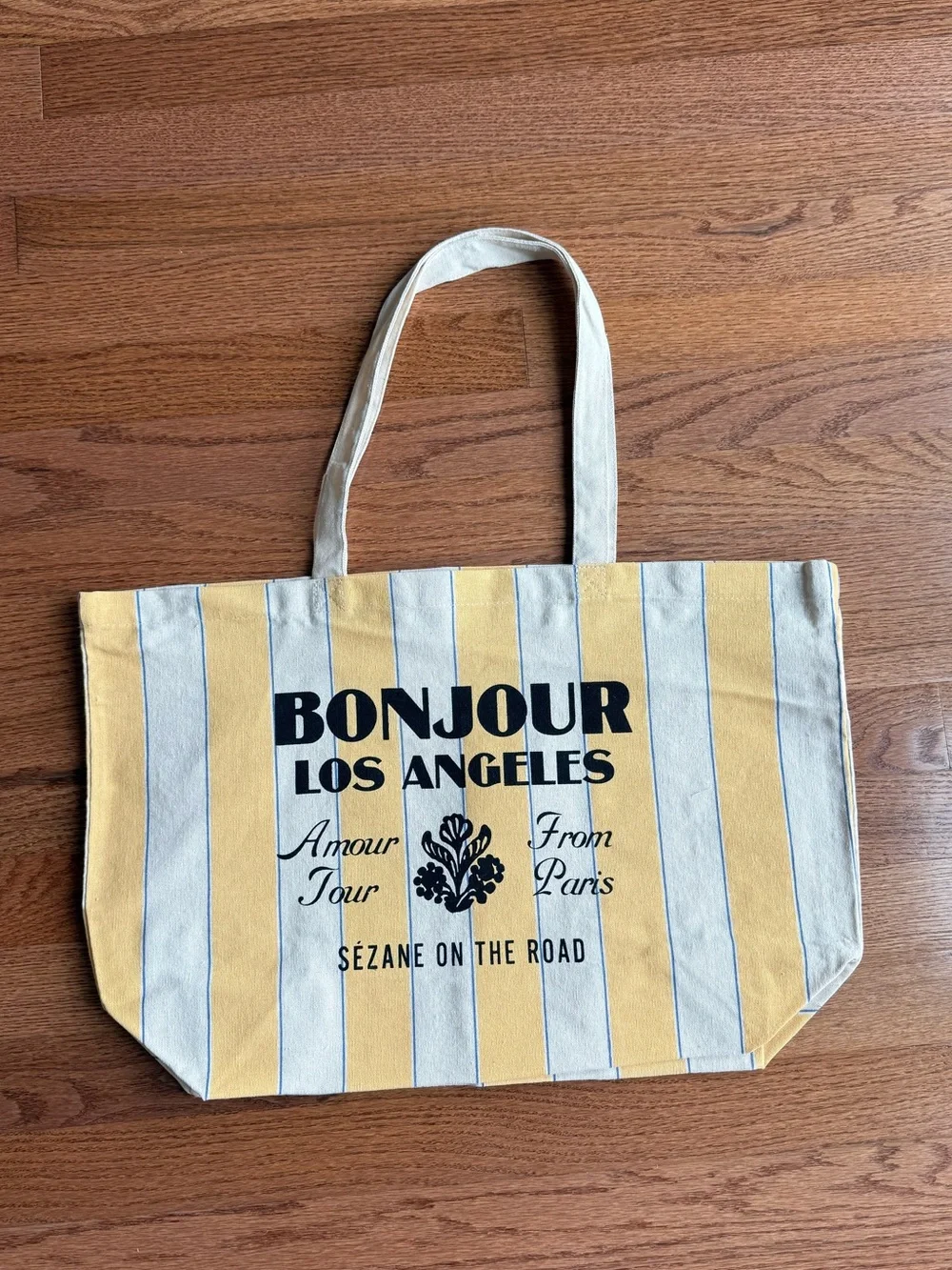 Sezane Yellow and Cream Striped 'Bonjour Los Angeles' Tote