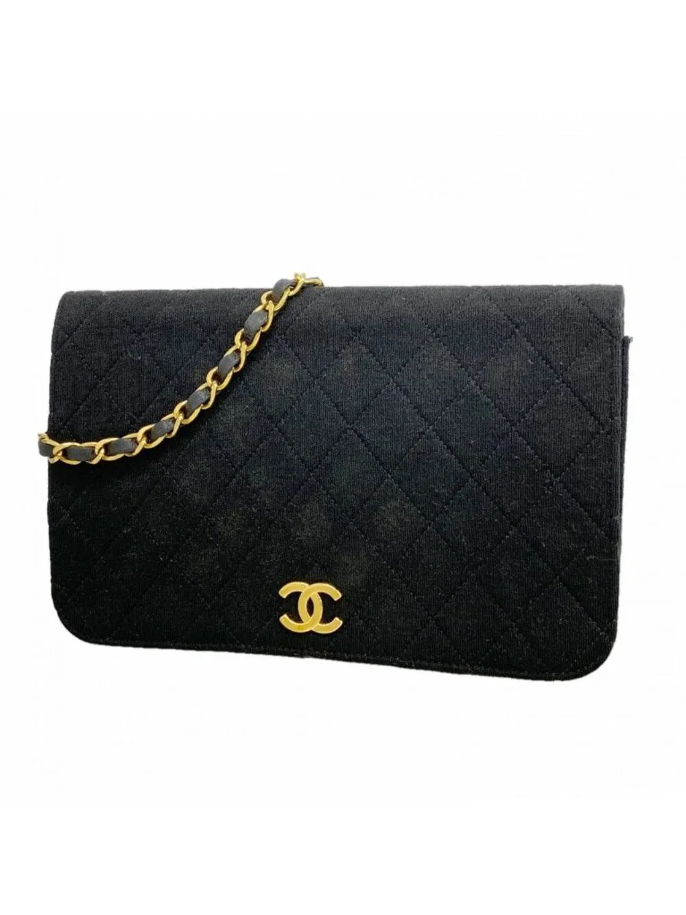 Chanel Shoulder Bag Quilted Jersey Black Gold