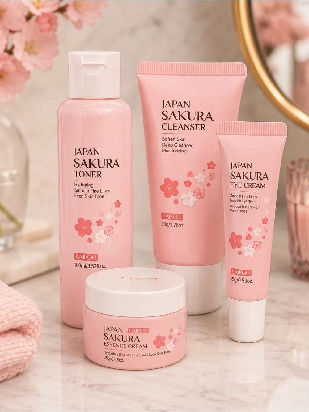 Japan Sakura Skincare Set Toner Cleanser Eye Cream Essence Hydrating 4 Pc