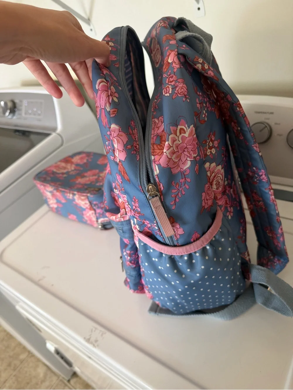 Matilda Jane Blue Floral Backpack with Pink Rose Print and Matching Lunch Bag