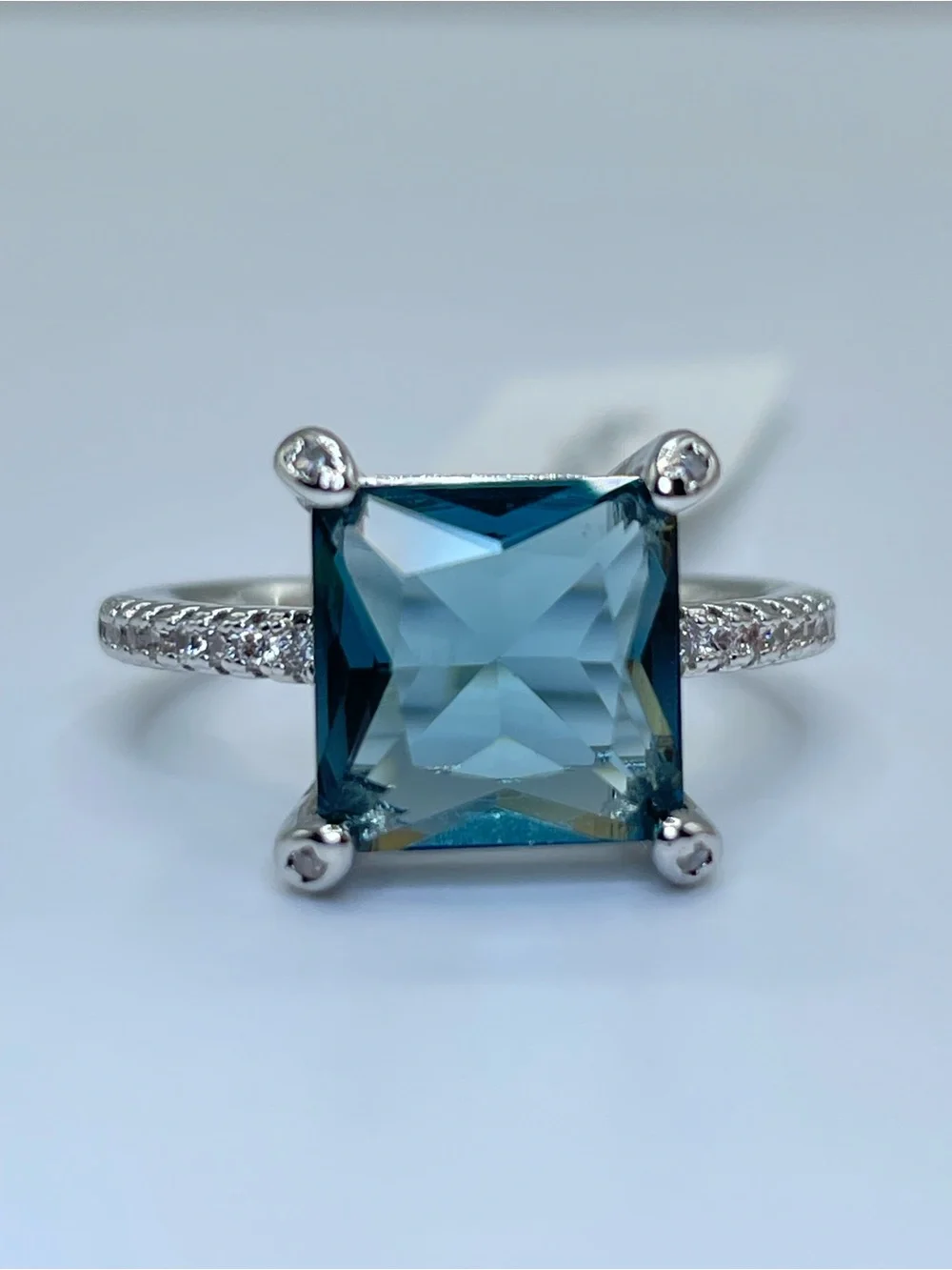 Swarovski Crystal Elements Teal Blue Princess Cut Solitaire Ring Sz 6