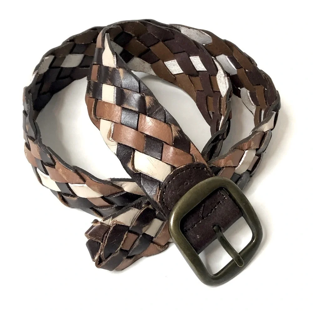 Y2K Rolfs Braided Wide Leather Belt XL Brown White Wide Boho Western Festival