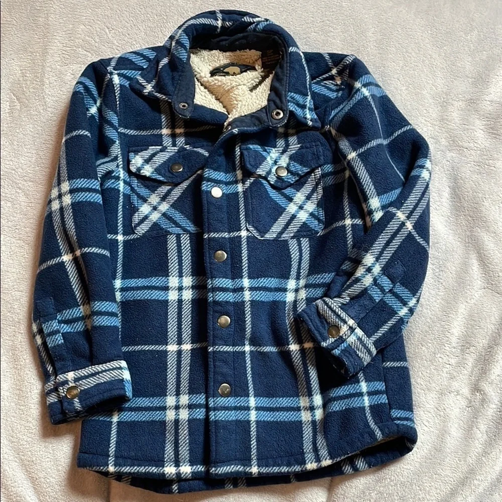 Kids Blue and White Plaid Sherpa-Liner Flannel Jacket Size 7/8