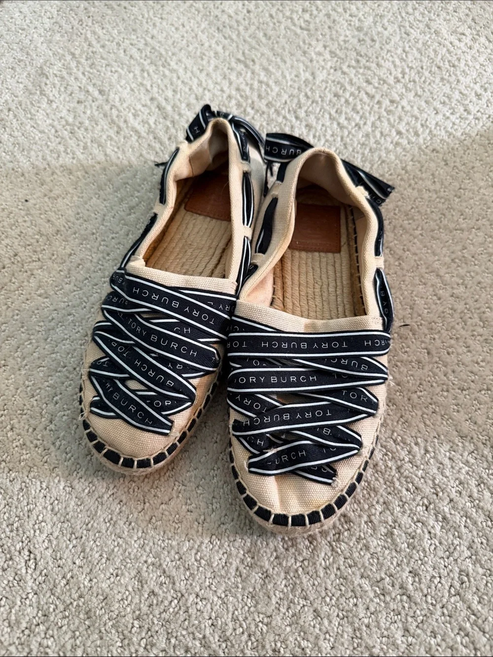 Tory Burch Beige Canvas Espadrilles with Black Logo Ribbon