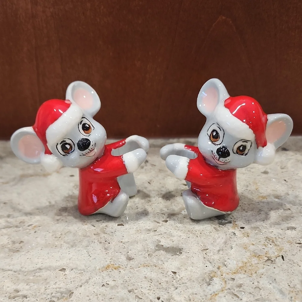 Vintage Ceramic Christmas Mice Mouse Candle Stick Hugger Climber Santa Holiday