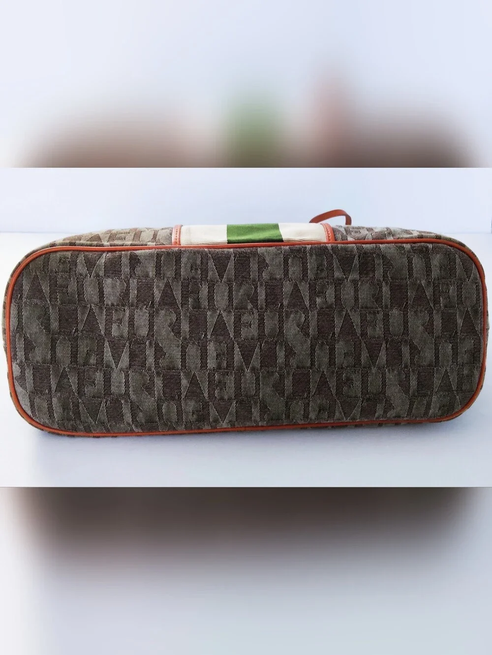 Furla Canvas Tote Bag with Green Stripe and Tan Lether Trim. Pre-owned.