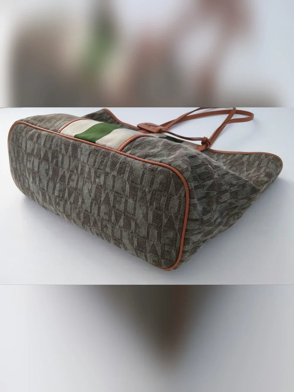 Furla Canvas Tote Bag with Green Stripe and Tan Lether Trim. Pre-owned.