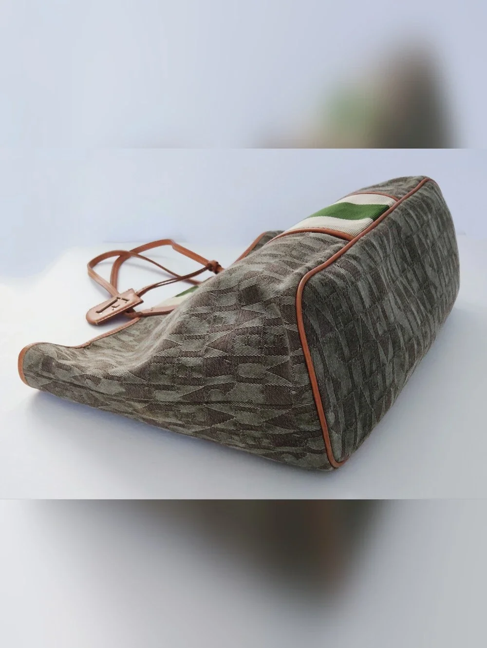 Furla Canvas Tote Bag with Green Stripe and Tan Lether Trim. Pre-owned.