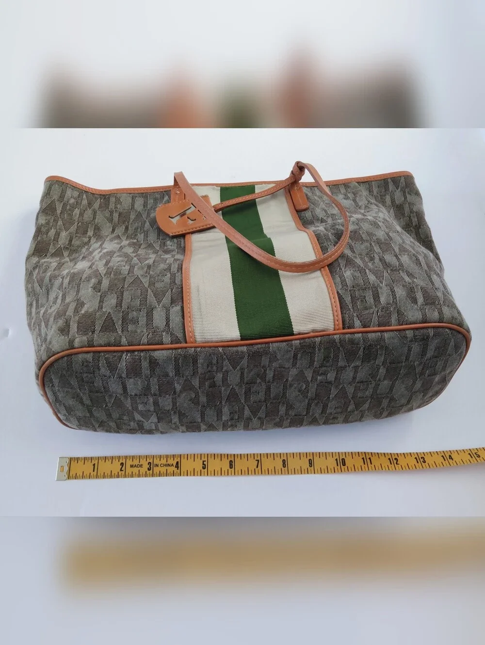 Furla Canvas Tote Bag with Green Stripe and Tan Lether Trim. Pre-owned.