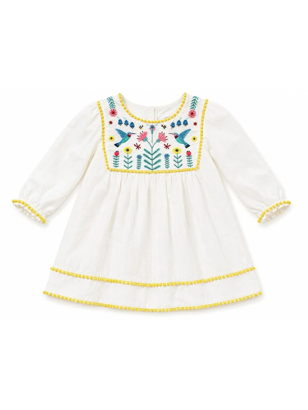 Mini Boden Girls' Embroidered White Cotton Dress with Yellow Trim