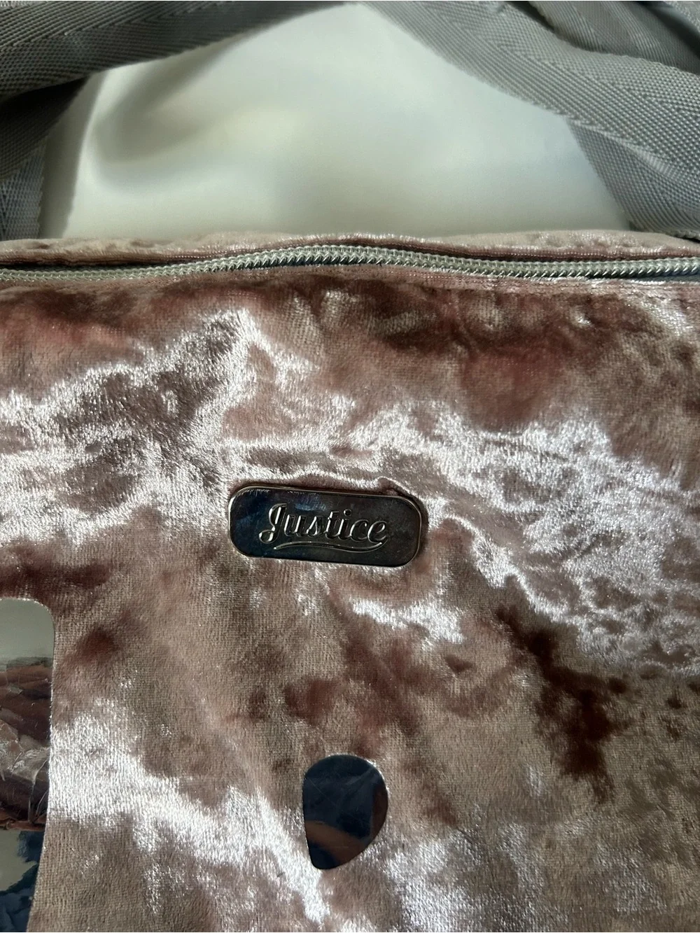 Justice Pink Crush Velvet Tote with Gray Straps