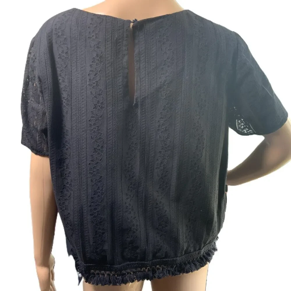 Michael Kors Black Lace‎ Cotton Fringe Hem Short Sleeve Blouse Size Large