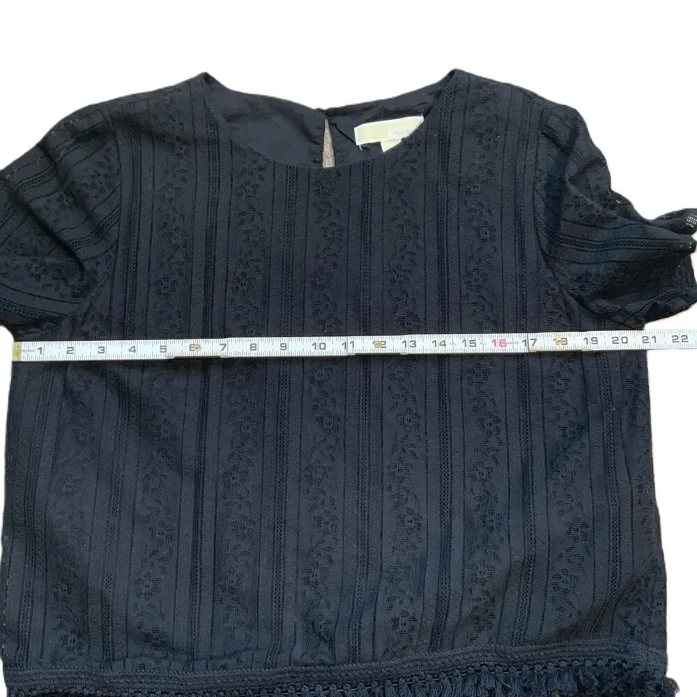 Michael Kors Black Lace‎ Cotton Fringe Hem Short Sleeve Blouse Size Large