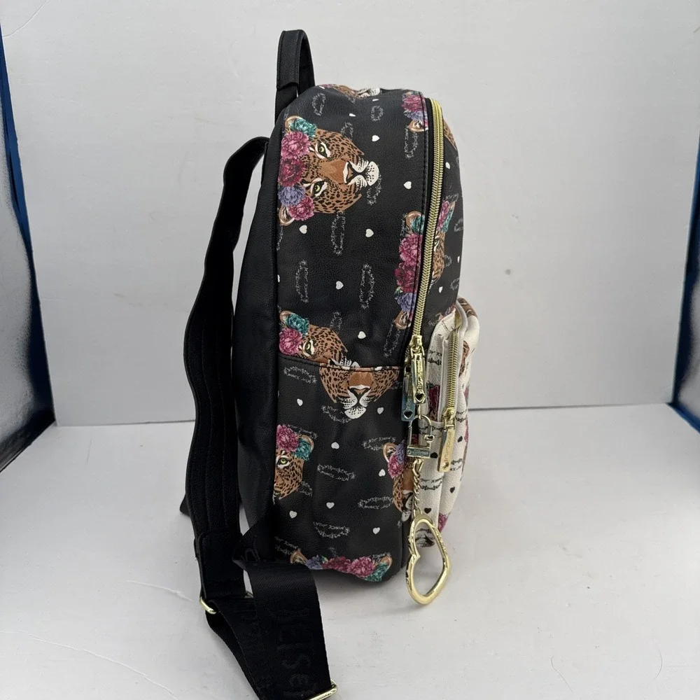 Betsy Johnson Tiger Floral Black White 2 Compartments Purse Backpack