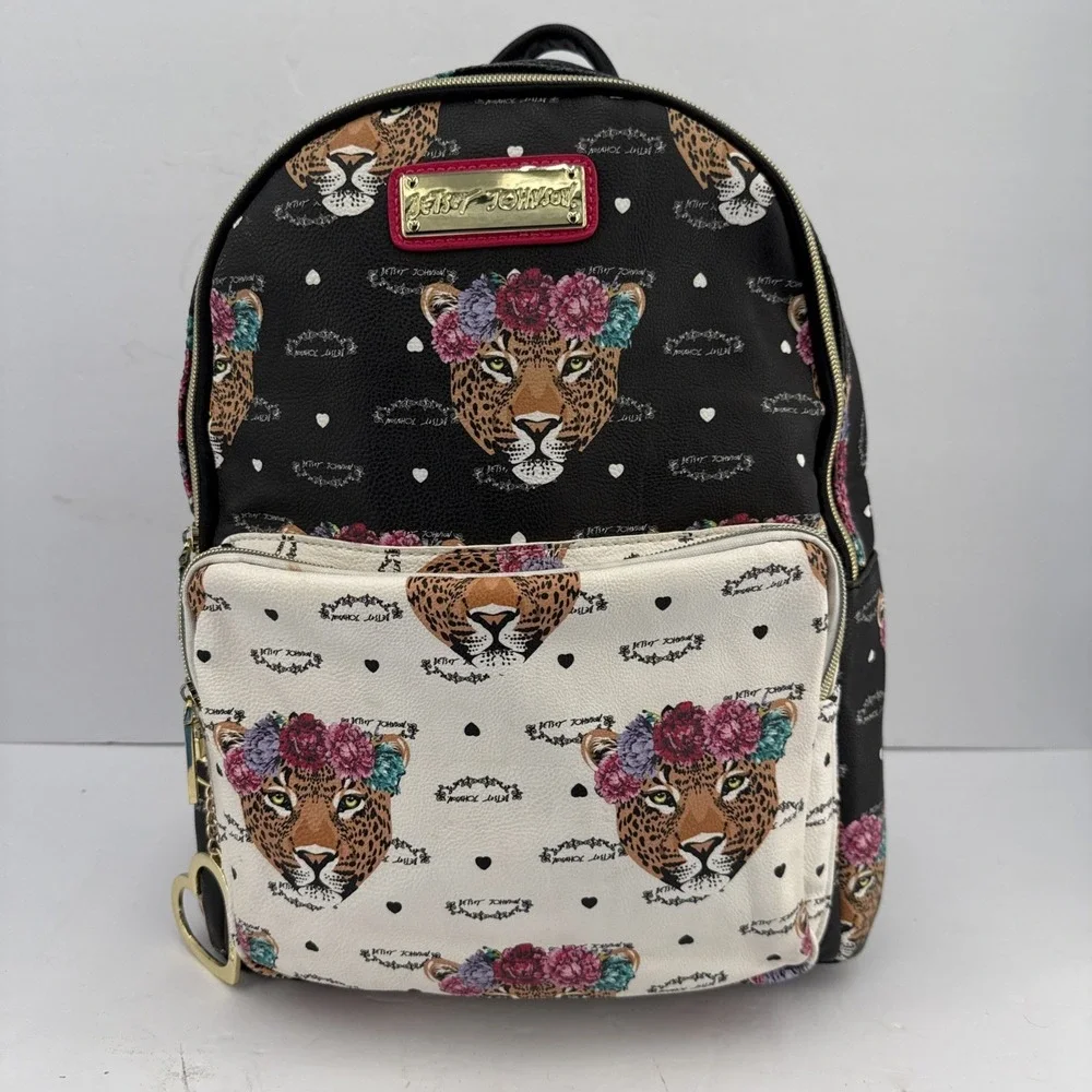 Betsy Johnson Tiger Floral Black White 2 Compartments Purse Backpack