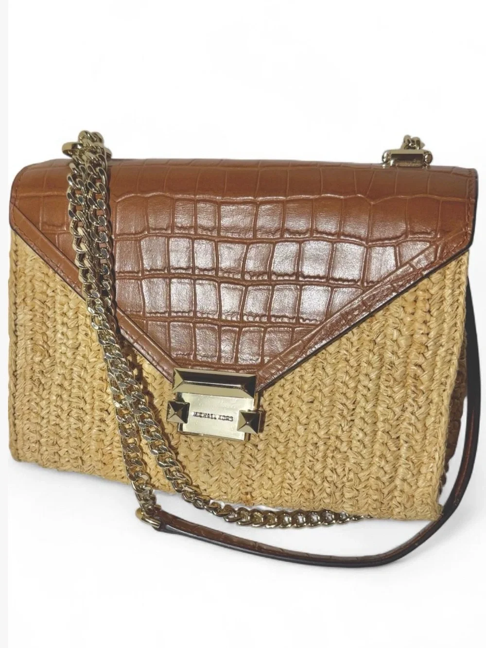 Michael Kors Whitney Large Raffia Crocodile Leather Convertible Shoulder Bag