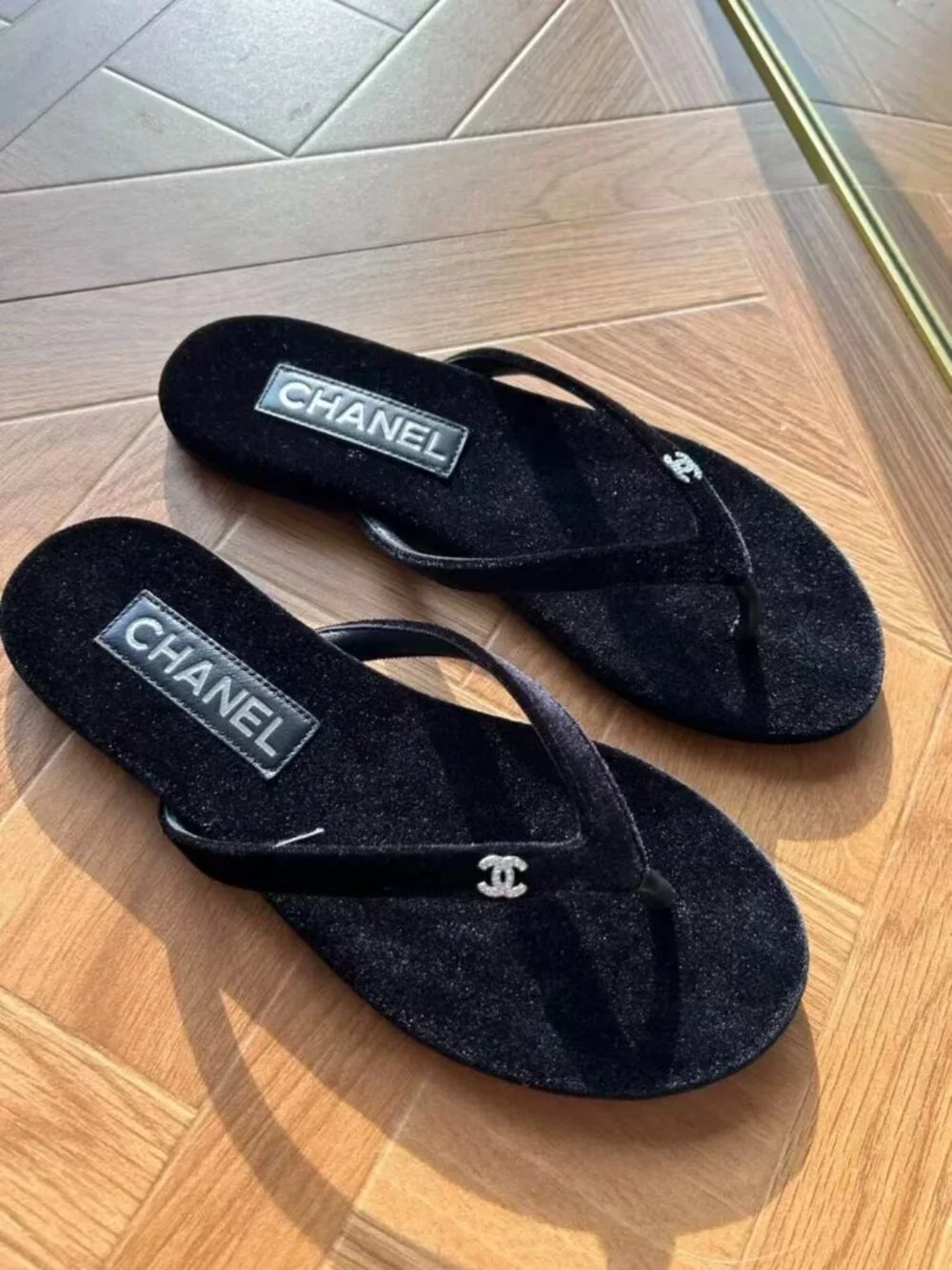 Chanel Velvet Flip-Flop Sandals
