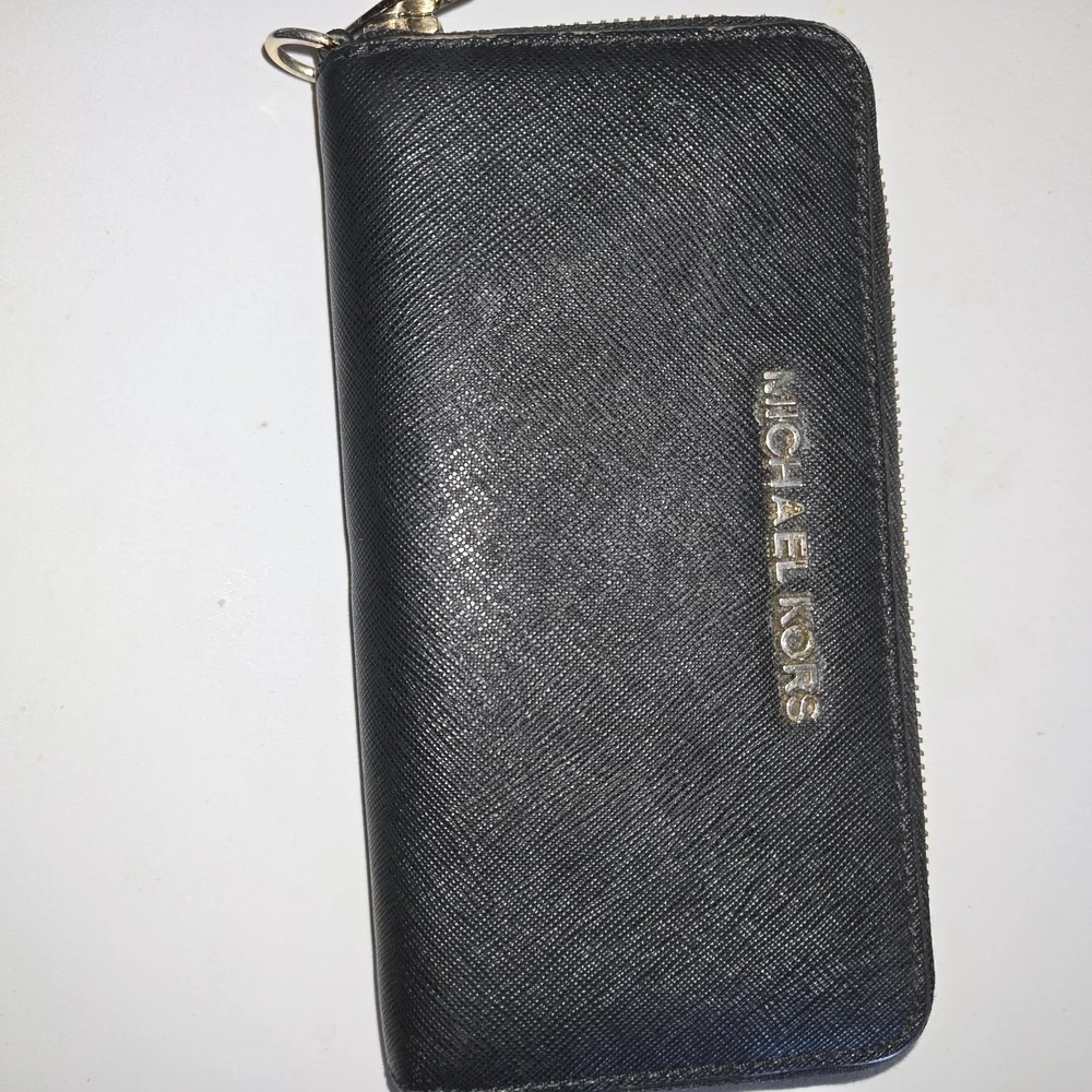 Michael Kors Black Saffiano Zip Wallet with Gold Logo