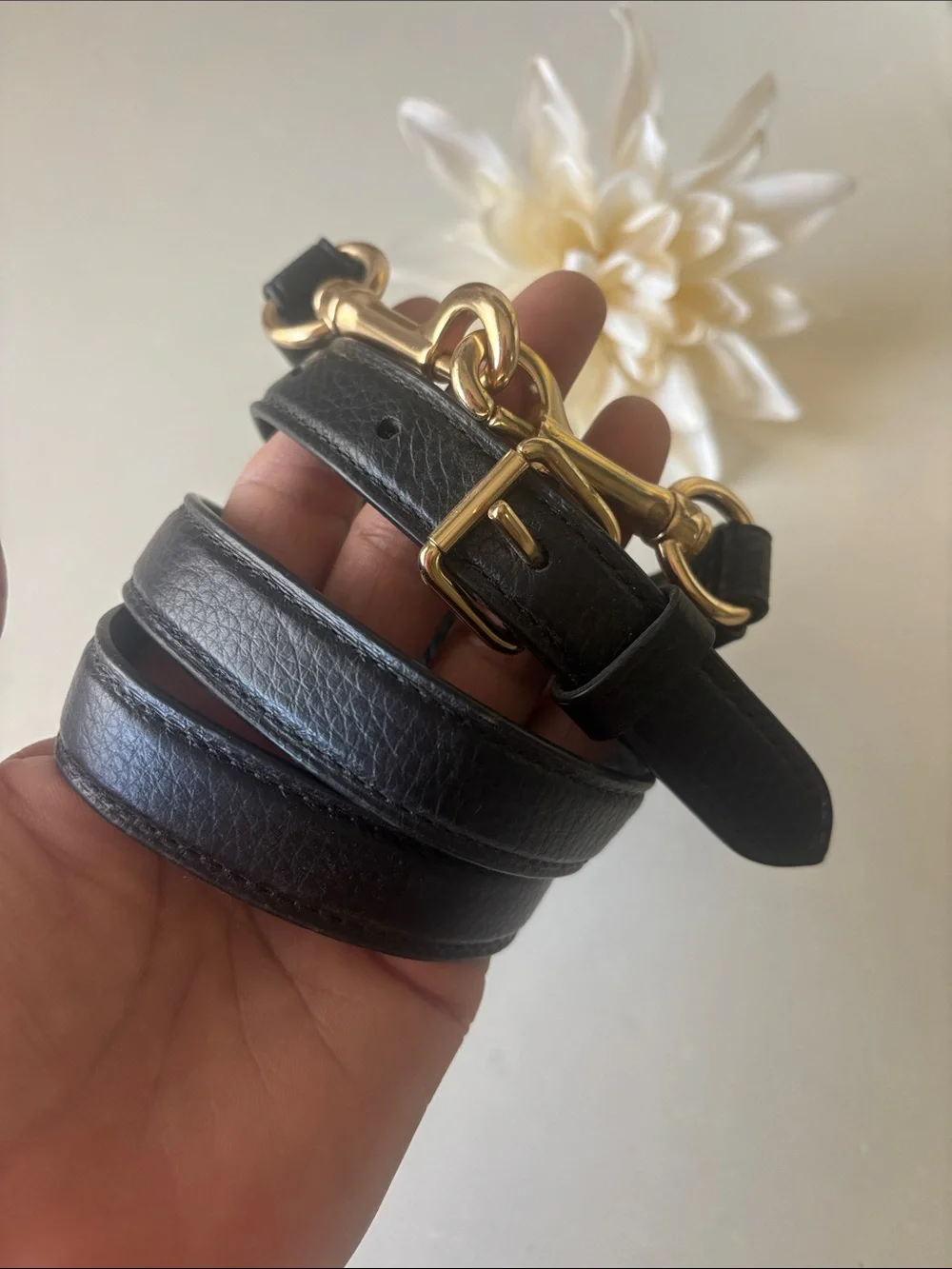 ❤️… Coach Black Leather Belt with Gold Chain Accent