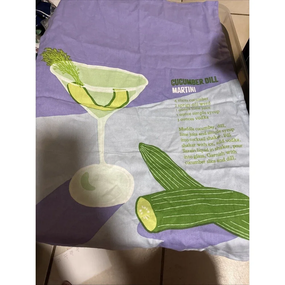 Tag Linen Dish Tea Towel Cucumber Dill Martini Recipe. Made In India  2 Pack