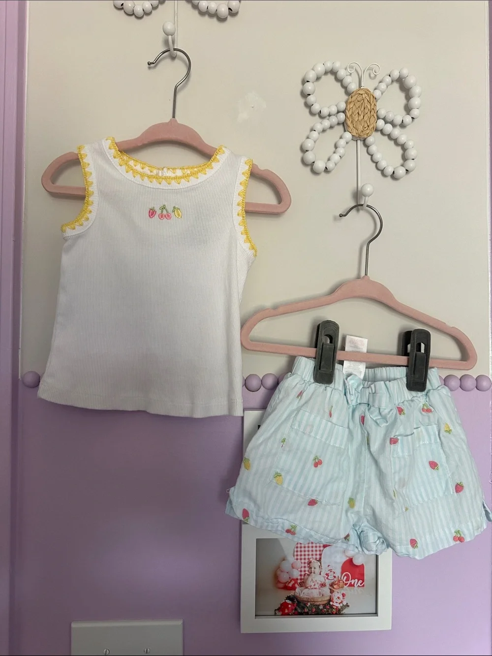 White Tank Top & Light Blue Fruit Print Shorts Set