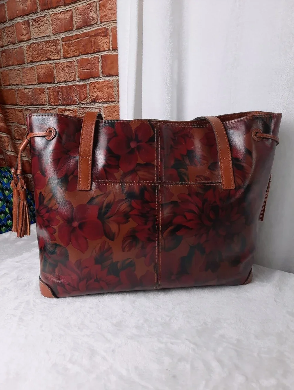 Patricia Nash Peruvian Painting Whitney Leather Tote Drawstring Bag