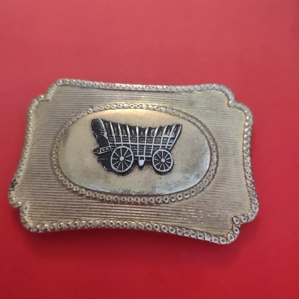 Vintage Covered Wagon Western Belt Buckle Silver Tone Pioneer Cowboy Stage coach