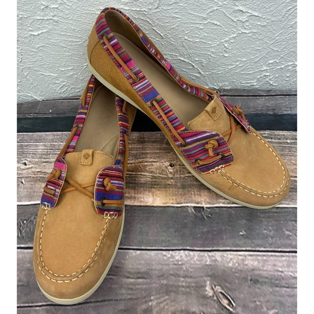 Sperry Top-Sider Koifish Boat Shoes Womens 12M Tan Pink Stripe Leather STS90216