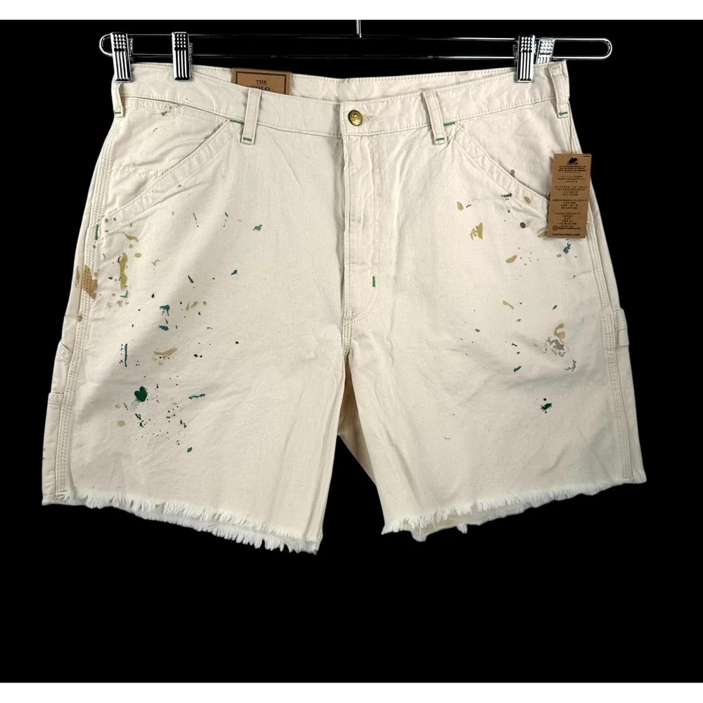 Polo Ralph Lauren Dungaree Shorts sz 36 Off White Paint Splatter Raw Hem