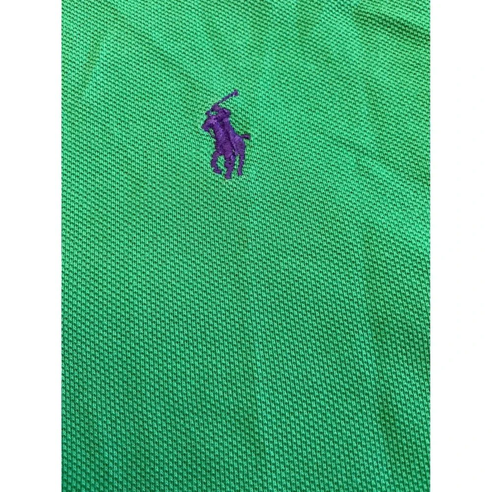 Polo Ralph Lauren Green Polo Shirt Custom Fit Purple Pony Size L Mens Pique