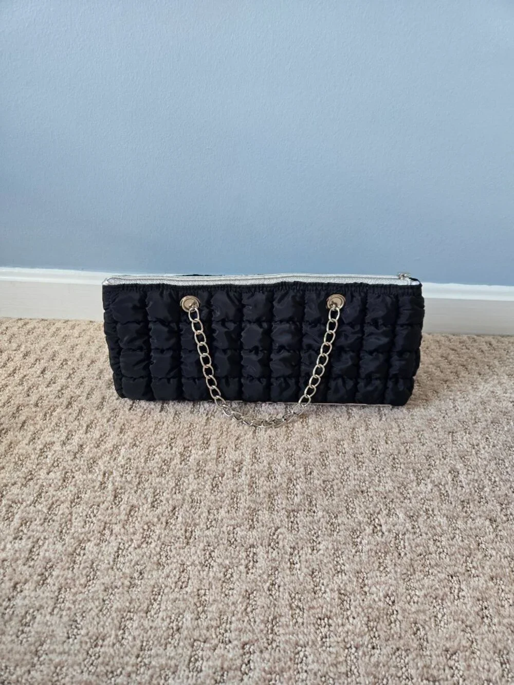 Black Quilted Insulated Wine Tote Bag Purse, Silver Chain Handles, NWOT!