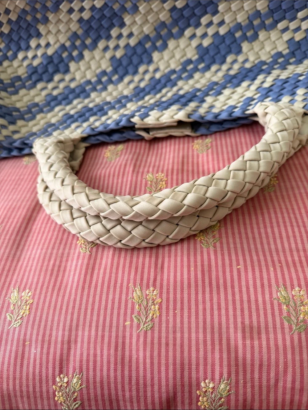 Woven Straw Tote Bag in Blue and Cream