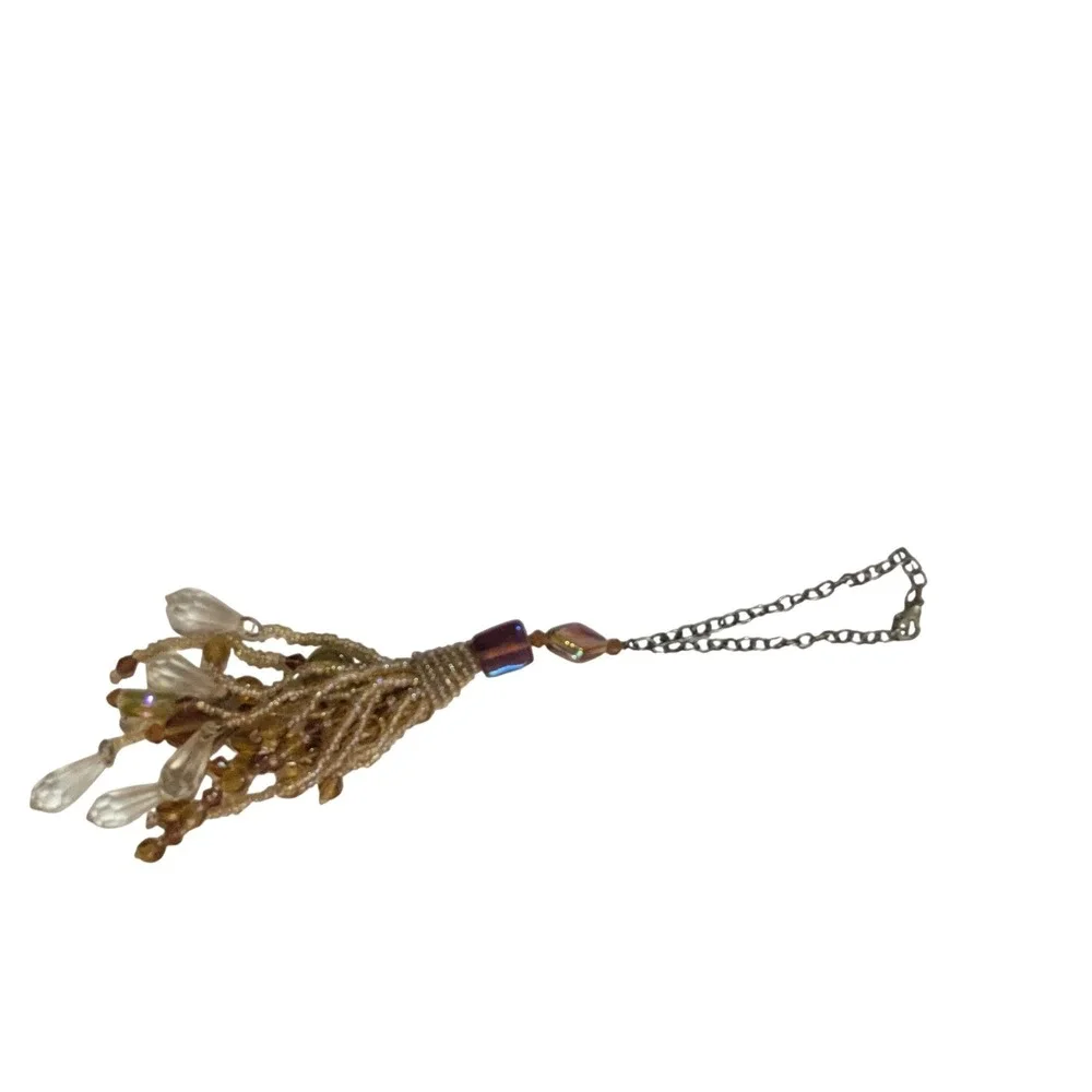 Gold Amber Beaded Tassel‎ Bag Charm Keychain Boho Teardrop Accents 5 Inch