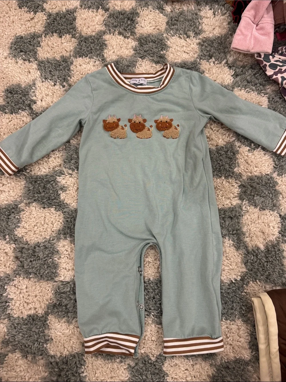 Kids Sage Green One-Piece Romper with Cow Appliqué
