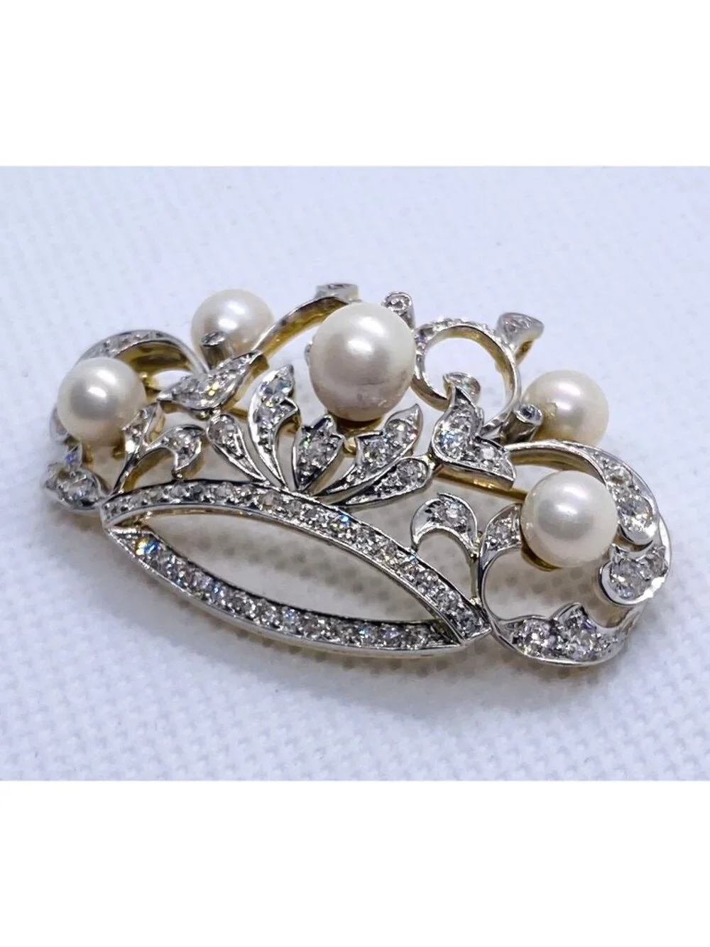 Platinum 950 18K Yellow Gold Pearl & Diamond Tiara Brooch